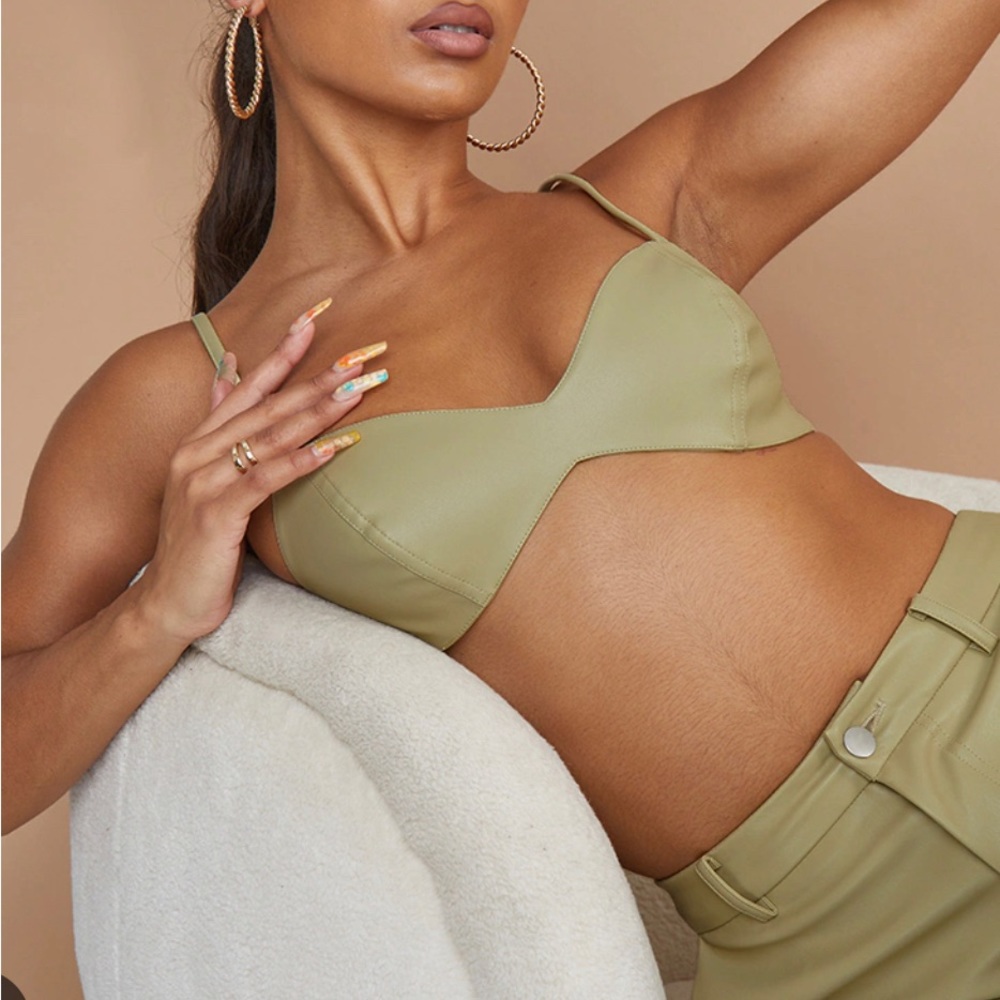 Pretty Little Thing olive feaux leather bralette